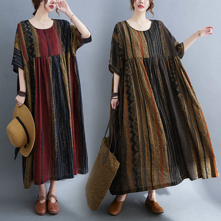 Robe mi-longue à manches courtes et poches style bohème avec Buddha Stones
