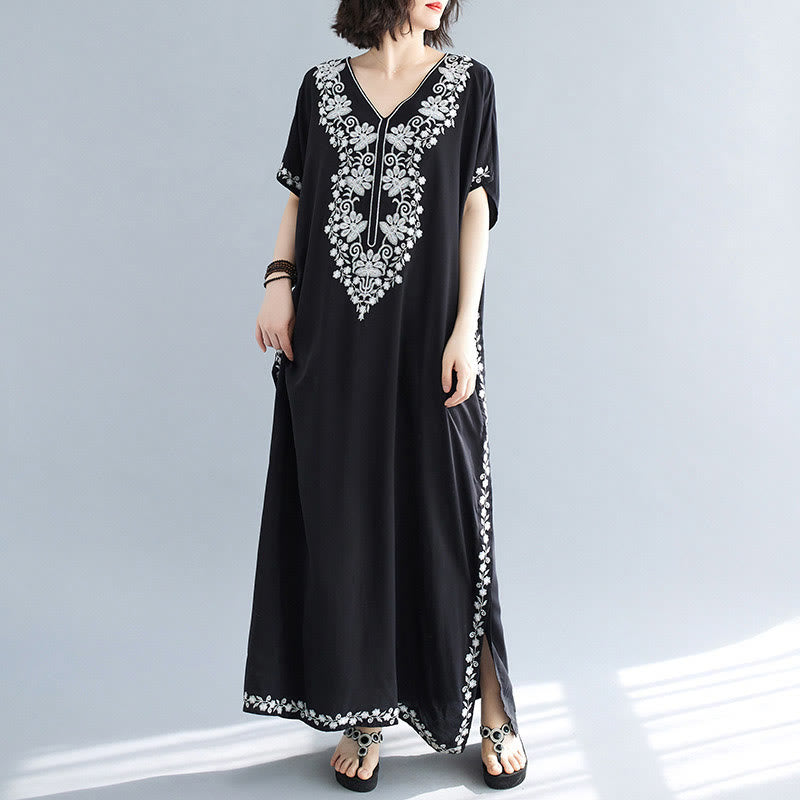 Robe longue d'été à manches courtes et col en V avec broderies de fleurs et Buddha Stones - F (convient aux tailles US4-14 ; UK/AU8-18 ; EU36-46) - image 0