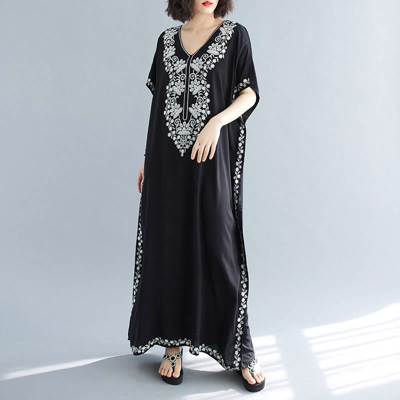 Robe longue d'été à manches courtes et col en V avec broderies de fleurs et Buddha Stones - image 9