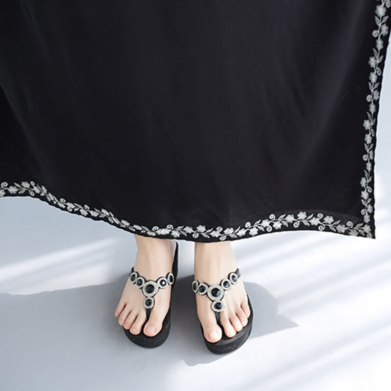 Robe longue d'été à manches courtes et col en V avec broderies de fleurs et Buddha Stones - image 7