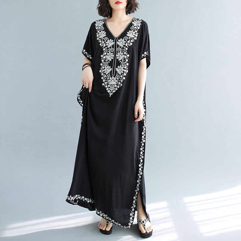 Robe longue d'été à manches courtes et col en V avec broderies de fleurs et Buddha Stones - image 10