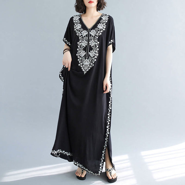 Robe longue d'été à manches courtes et col en V avec broderies de fleurs et Buddha Stones - image 10