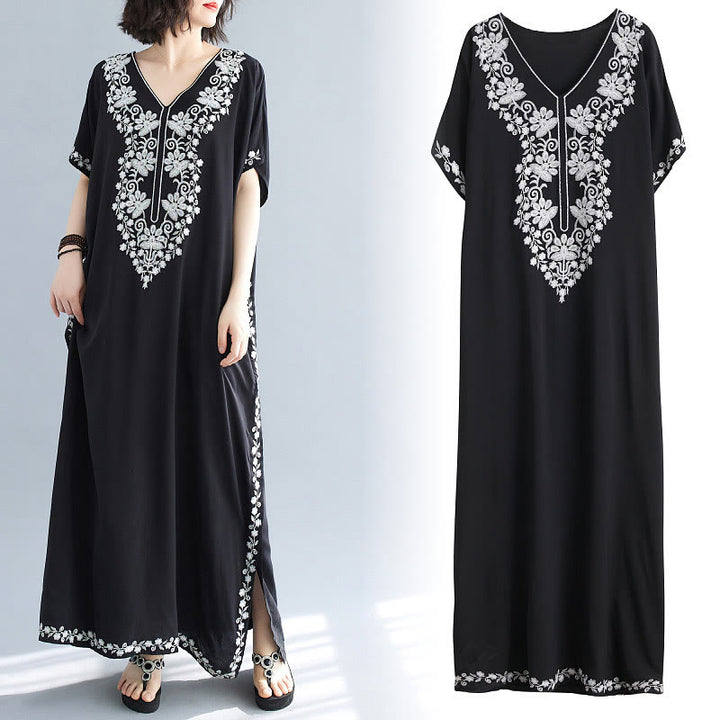 Robe longue d'été à manches courtes et col en V avec broderies de fleurs et Buddha Stones - image 13
