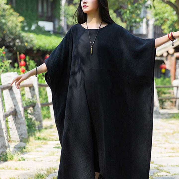 Robe longue ample à manches chauve-souris et poches de couleur unie avec Buddha Stones