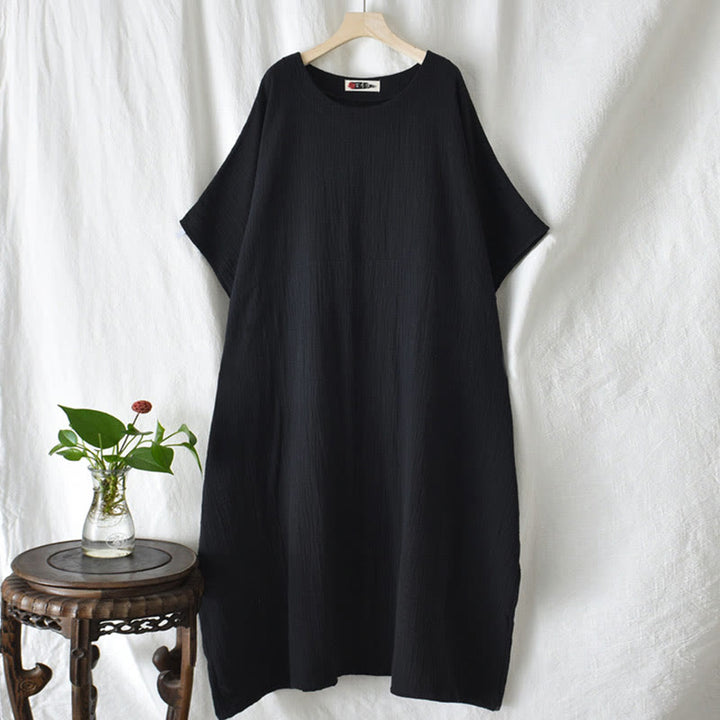 Robe longue ample à manches chauve-souris et poches de couleur unie avec Buddha Stones