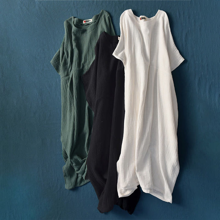 Robe longue ample à manches chauve-souris et poches de couleur unie avec Buddha Stones
