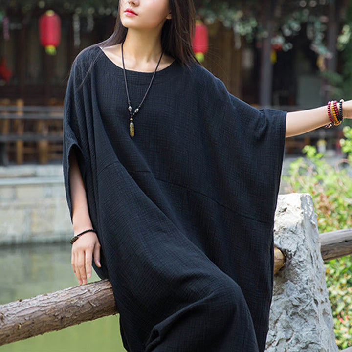Robe longue ample à manches chauve-souris et poches de couleur unie avec Buddha Stones