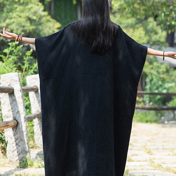 Robe longue ample à manches chauve-souris et poches de couleur unie avec Buddha Stones