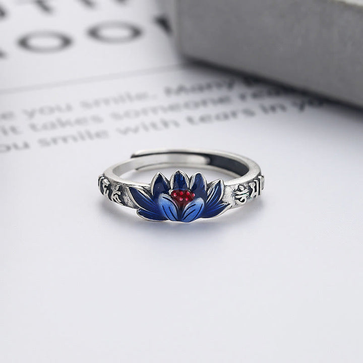Bague de paix en relief en argent sterling 925 Buddha Stones Om Mani Padme Hum Lotus
