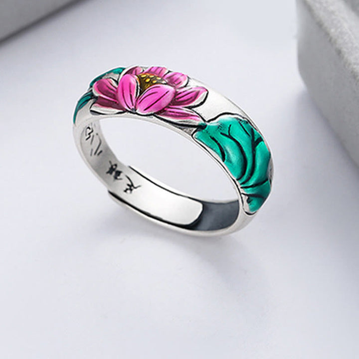 Bague d'illumination en argent sterling 925 avec Buddha Stones et fleur de lotus