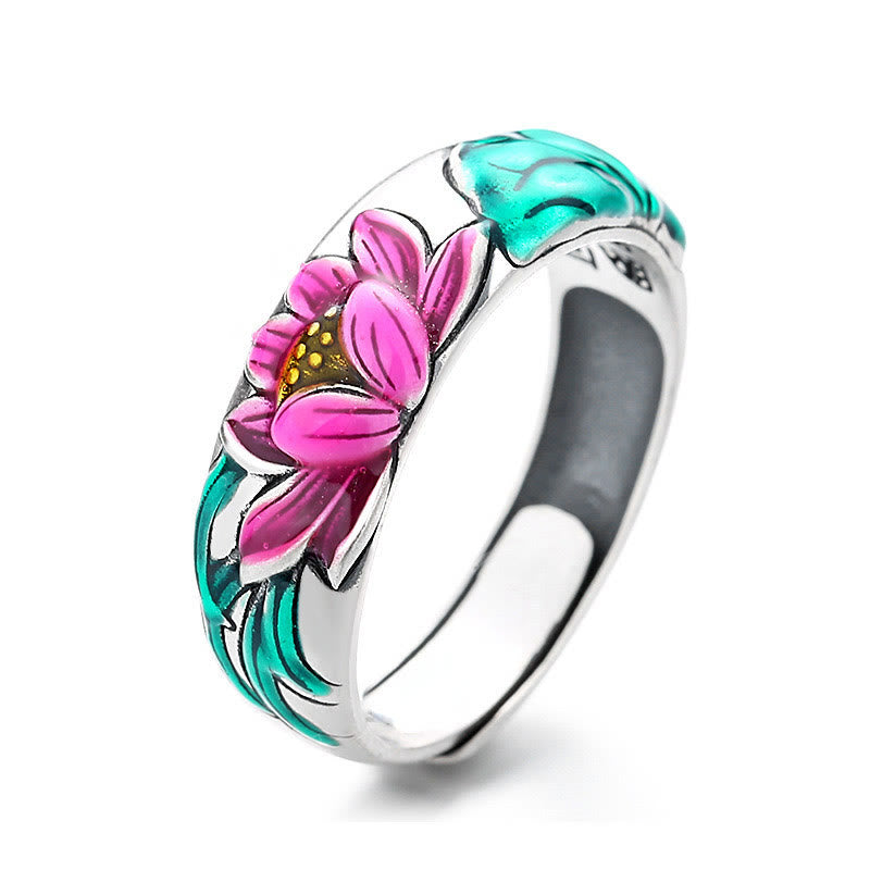Bague d'illumination en argent sterling 925 avec Buddha Stones et fleur de lotus