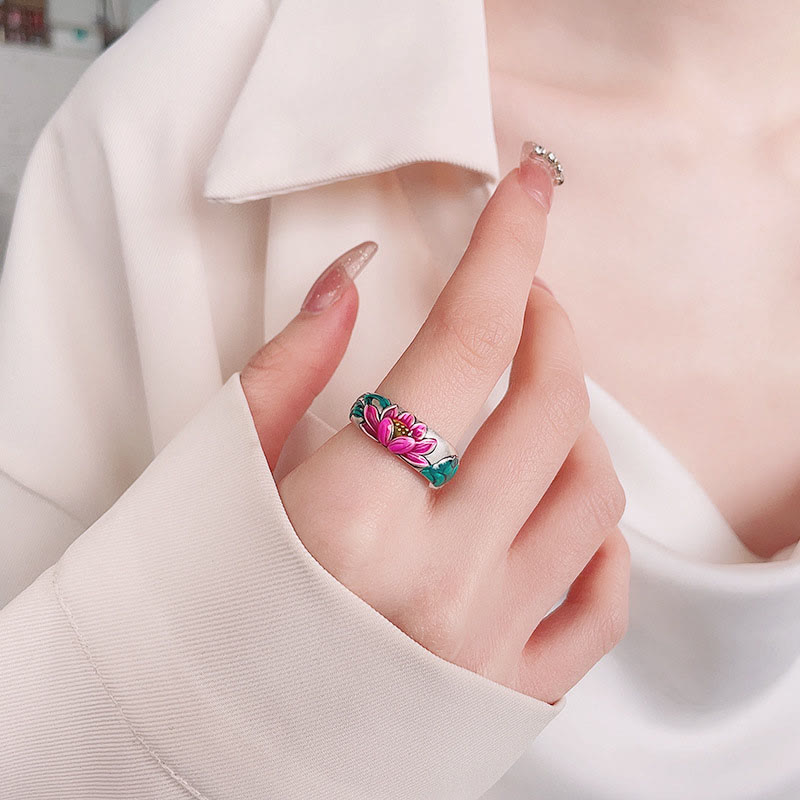Bague d'illumination en argent sterling 925 avec Buddha Stones et fleur de lotus