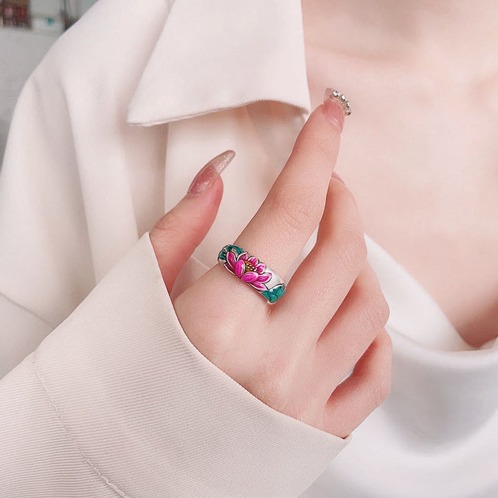 Bague d'illumination en argent sterling 925 avec Buddha Stones et fleur de lotus