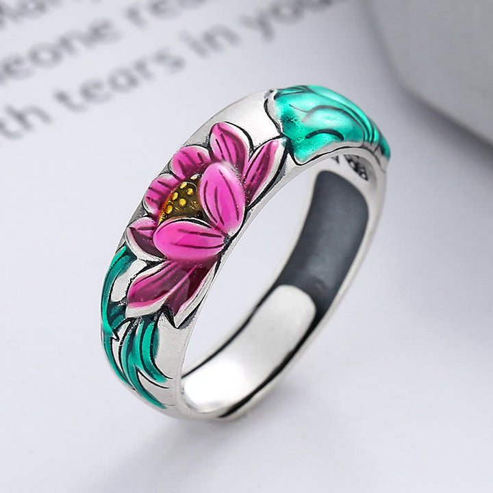 Bague d'illumination en argent sterling 925 avec Buddha Stones et fleur de lotus