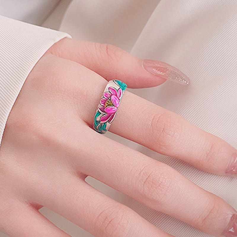 Bague d'illumination en argent sterling 925 avec Buddha Stones et fleur de lotus