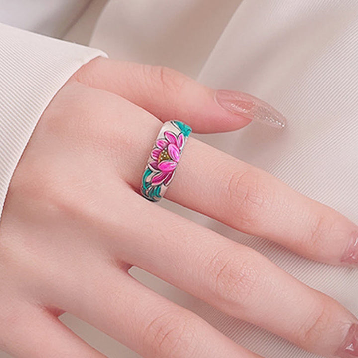Bague d'illumination en argent sterling 925 avec Buddha Stones et fleur de lotus