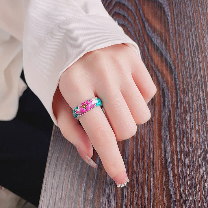 Bague d'illumination en argent sterling 925 avec Buddha Stones et fleur de lotus