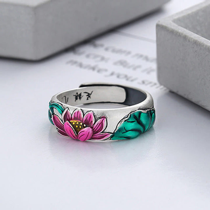 Bague d'illumination en argent sterling 925 avec Buddha Stones et fleur de lotus