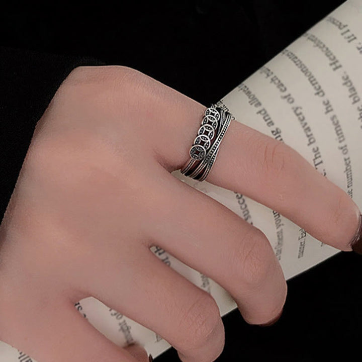 Bague ajustable en argent sterling 925 Buddha Stones et pièces de cuivre pour la richesse et la bénédiction
