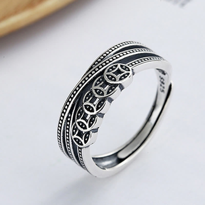 Bague ajustable en argent sterling 925 Buddha Stones et pièces de cuivre pour la richesse et la bénédiction