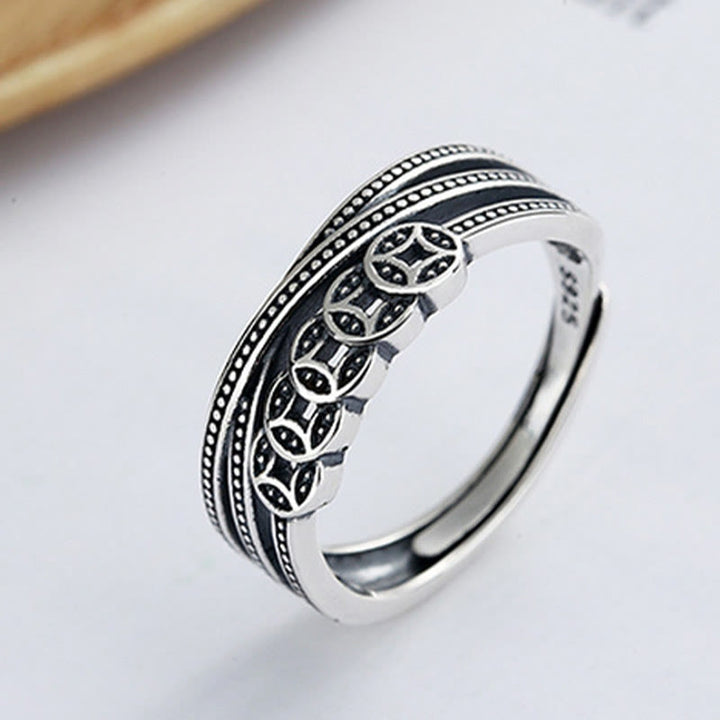Bague ajustable en argent sterling 925 Buddha Stones et pièces de cuivre pour la richesse et la bénédiction