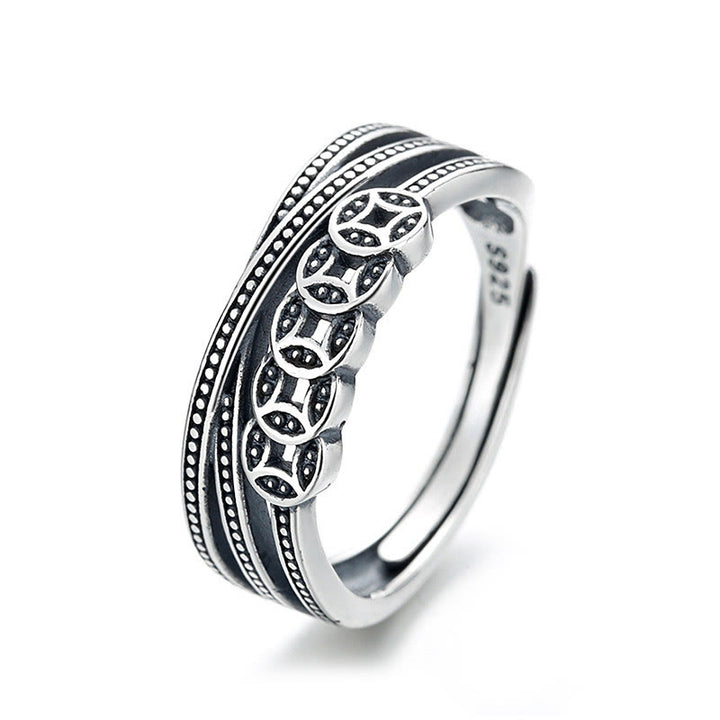 Bague ajustable en argent sterling 925 Buddha Stones et pièces de cuivre pour la richesse et la bénédiction