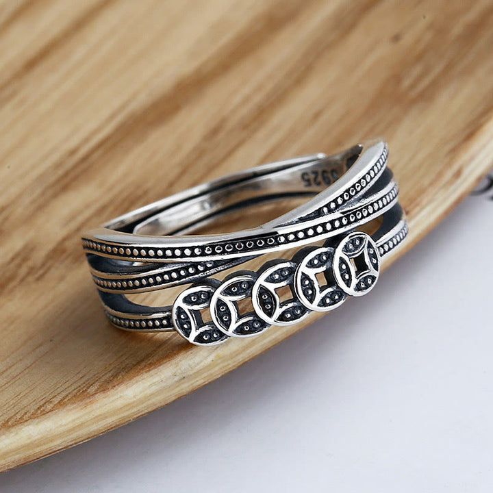 Bague ajustable en argent sterling 925 Buddha Stones et pièces de cuivre pour la richesse et la bénédiction