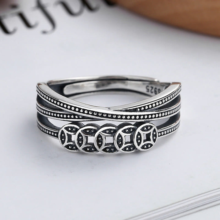 Bague ajustable en argent sterling 925 Buddha Stones et pièces de cuivre pour la richesse et la bénédiction