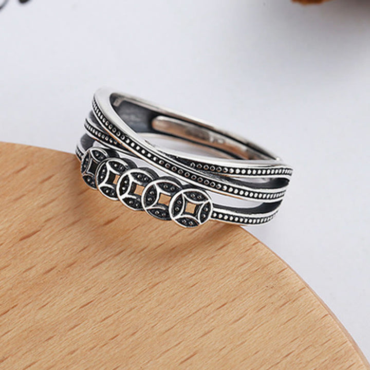 Bague ajustable en argent sterling 925 Buddha Stones et pièces de cuivre pour la richesse et la bénédiction