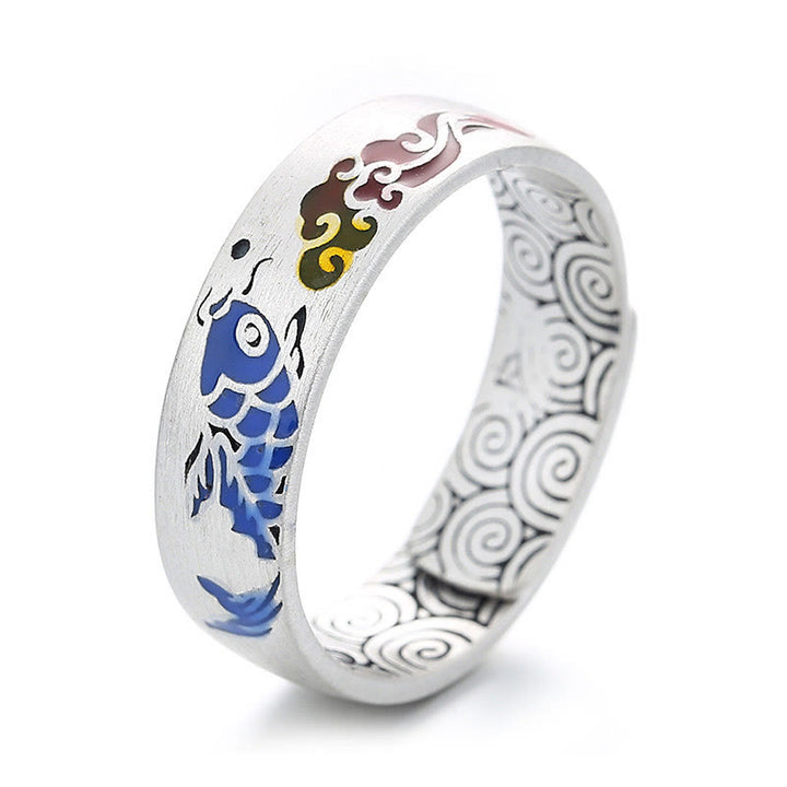 Bague de richesse en argent sterling 925 Buddha Stones et poisson Koi porte-bonheur et nuages de bon augure
