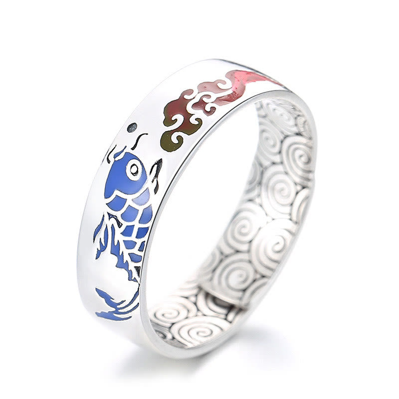 Bague de richesse en argent sterling 925 Buddha Stones et poisson Koi porte-bonheur et nuages de bon augure