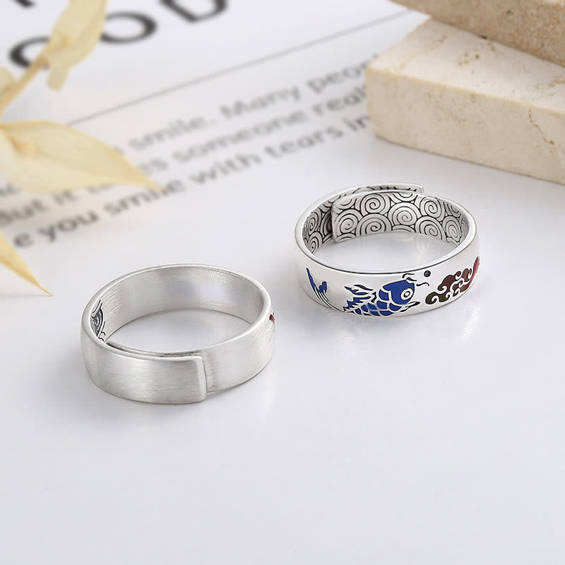 Bague de richesse en argent sterling 925 Buddha Stones et poisson Koi porte-bonheur et nuages de bon augure