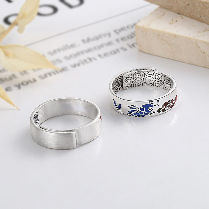 Bague de richesse en argent sterling 925 Buddha Stones et poisson Koi porte-bonheur et nuages de bon augure