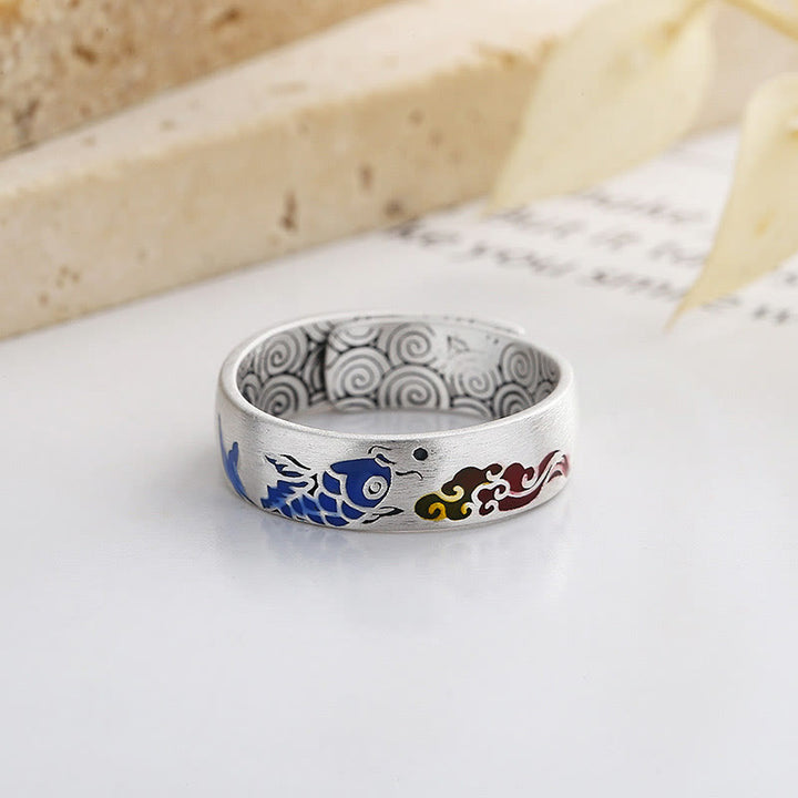 Bague de richesse en argent sterling 925 Buddha Stones et poisson Koi porte-bonheur et nuages de bon augure