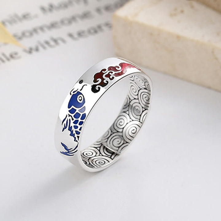 Bague de richesse en argent sterling 925 Buddha Stones et poisson Koi porte-bonheur et nuages de bon augure