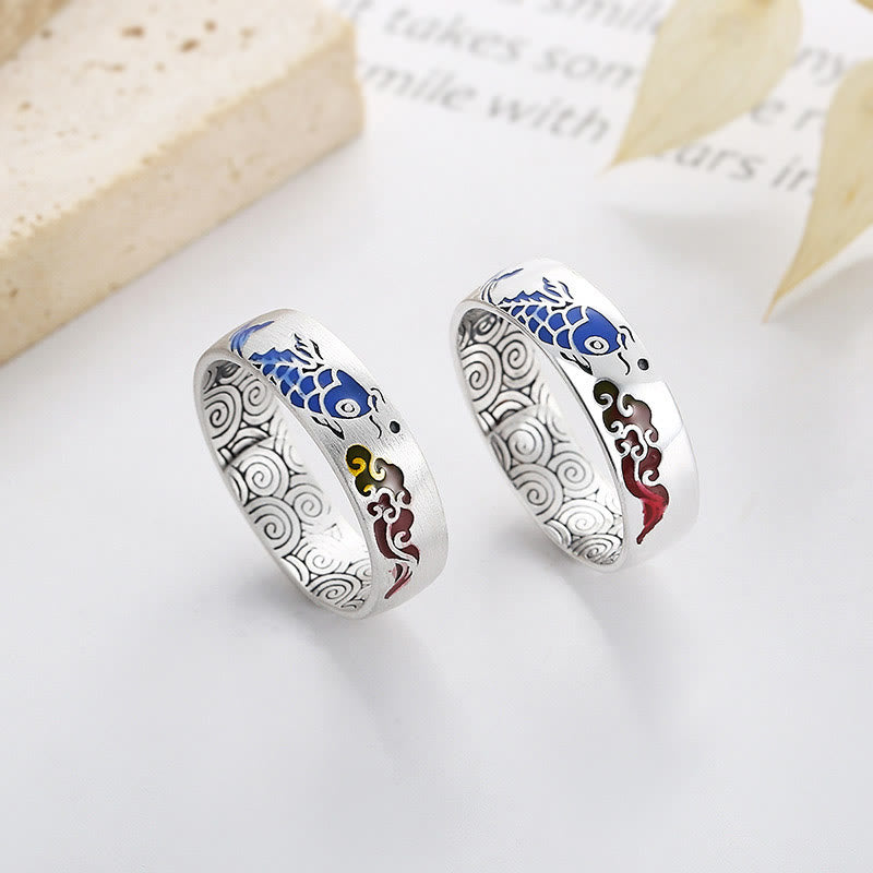 Bague de richesse en argent sterling 925 Buddha Stones et poisson Koi porte-bonheur et nuages de bon augure