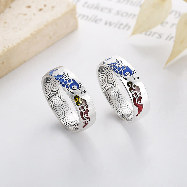 Bague de richesse en argent sterling 925 Buddha Stones et poisson Koi porte-bonheur et nuages de bon augure