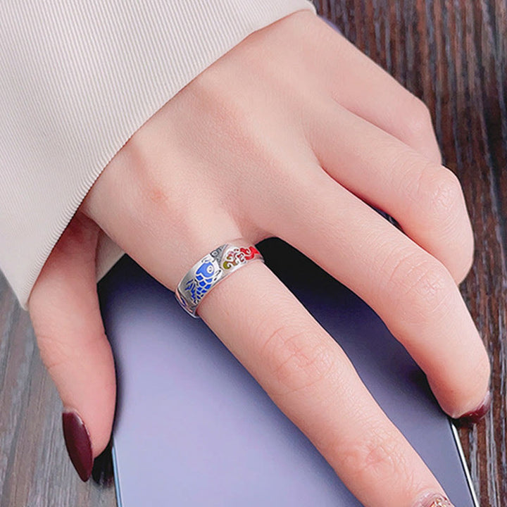 Bague de richesse en argent sterling 925 Buddha Stones et poisson Koi porte-bonheur et nuages de bon augure