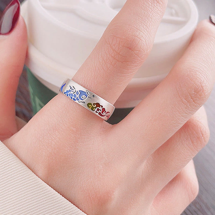 Bague de richesse en argent sterling 925 Buddha Stones et poisson Koi porte-bonheur et nuages de bon augure