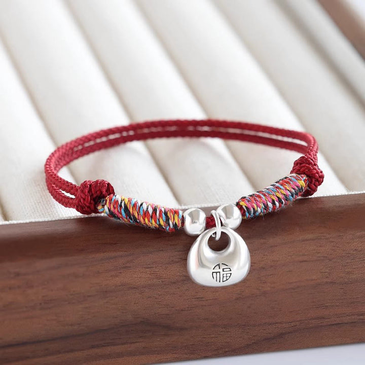 Bracelet tressé en argent sterling 925 fait main avec des Buddha Stones, symbole Fu, sécurité et bien-être - Cordon rouge (tour de poignet 14-24 cm) - image 7