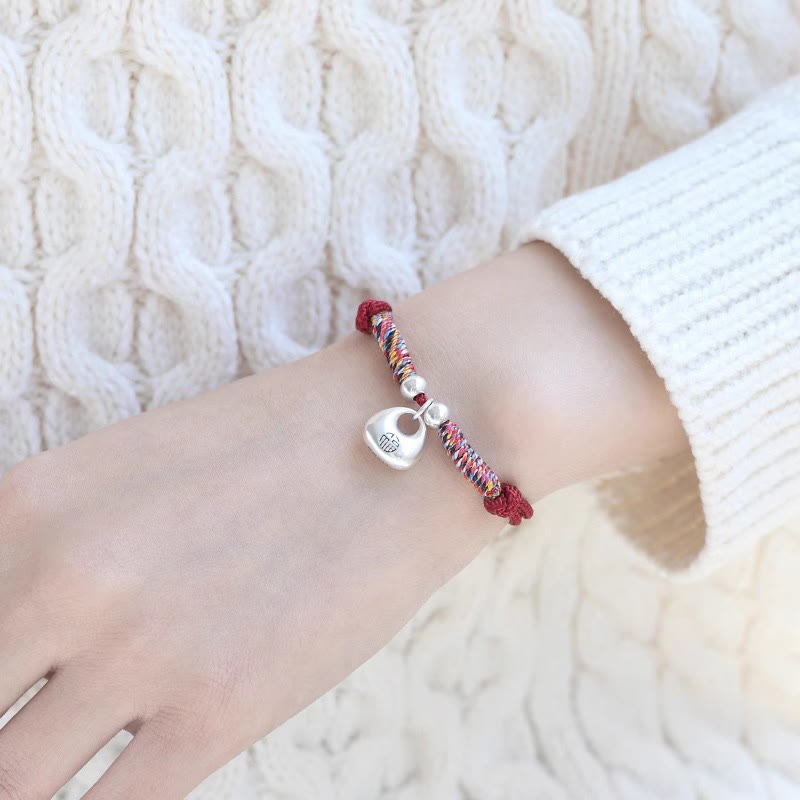 Bracelet tressé en argent sterling 925 fait main avec des Buddha Stones, symbole Fu, sécurité et bien-être