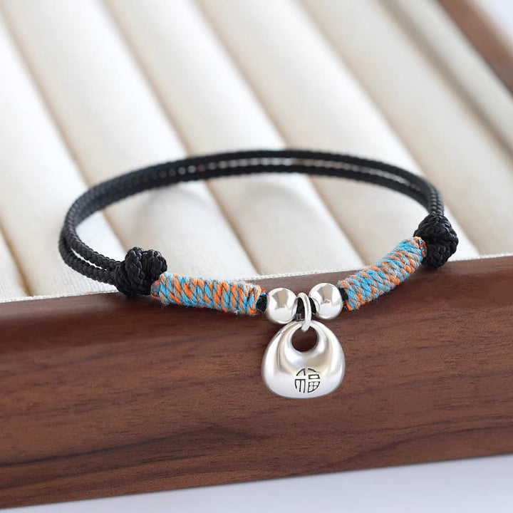 Bracelet tressé en argent sterling 925 fait main avec des Buddha Stones, symbole Fu, sécurité et bien-être - Cordon noir (tour de poignet 14-26 cm) - image 0