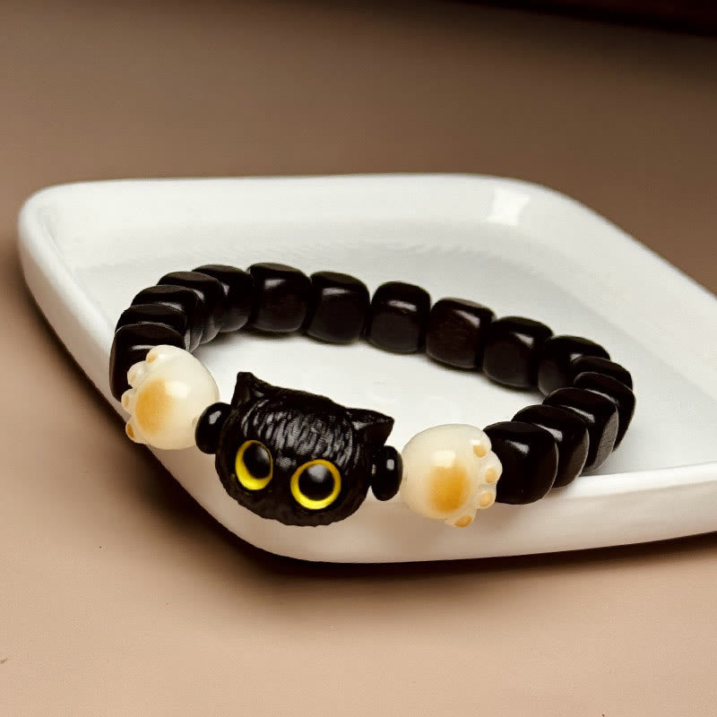 Bracelet de paix en forme de patte de chat mignon en bois d'ébène avec Buddha Stones et graines de Bodhi - Bois d'ébène (tour de poignet 14-16 cm) - image 1