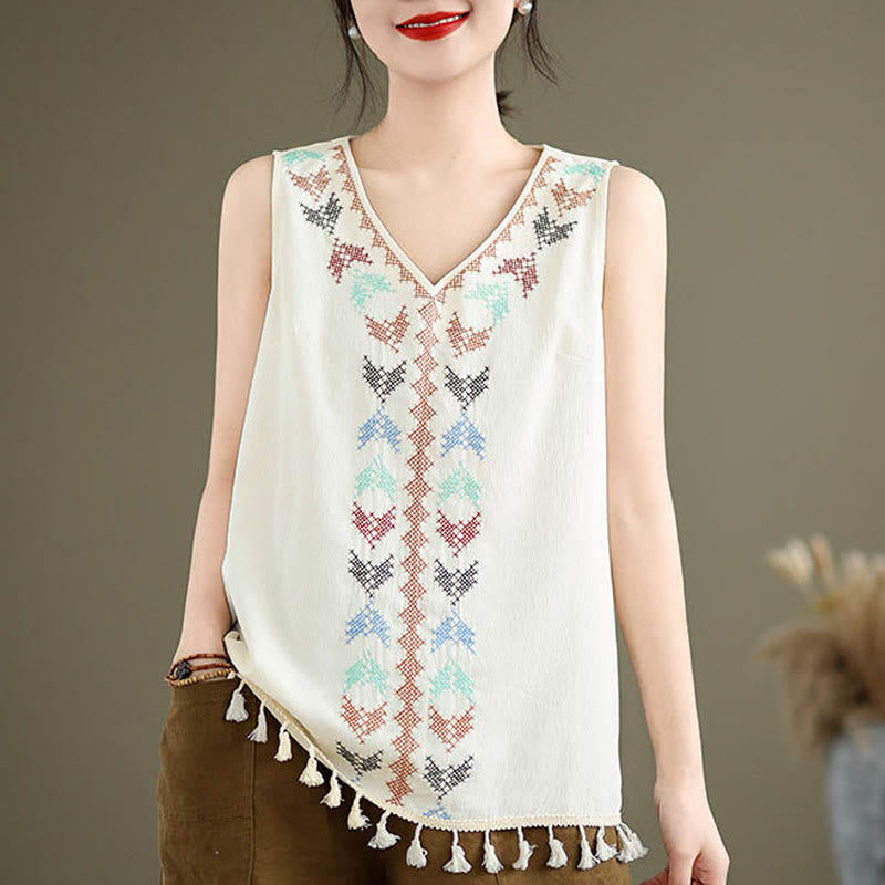 Débardeur à pompons et col en V avec broderie rétro Buddha Stones - 2XL(Convient aux tailles US 12 ; UK/AU 16 ; EU 44) - image 0