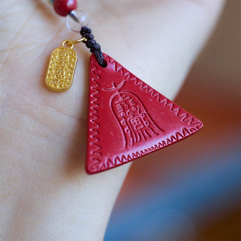 Porte-clés talisman à motif triangulaire en cinabre et Buddha Stones pour éloigner les mauvais esprits