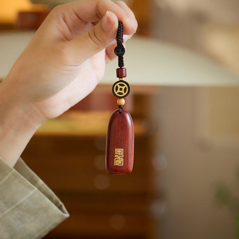 Porte-clés de protection en cuivre avec petites Buddha Stones en bois de santal rouge et bois d'ébène