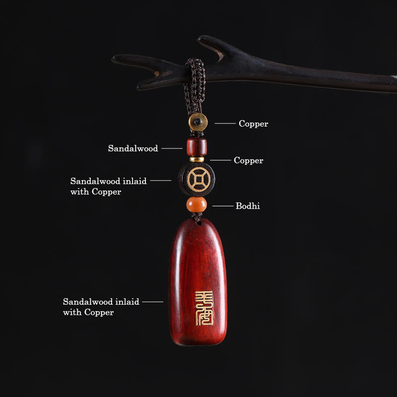 Porte-clés de protection en cuivre avec petites Buddha Stones en bois de santal rouge et bois d'ébène