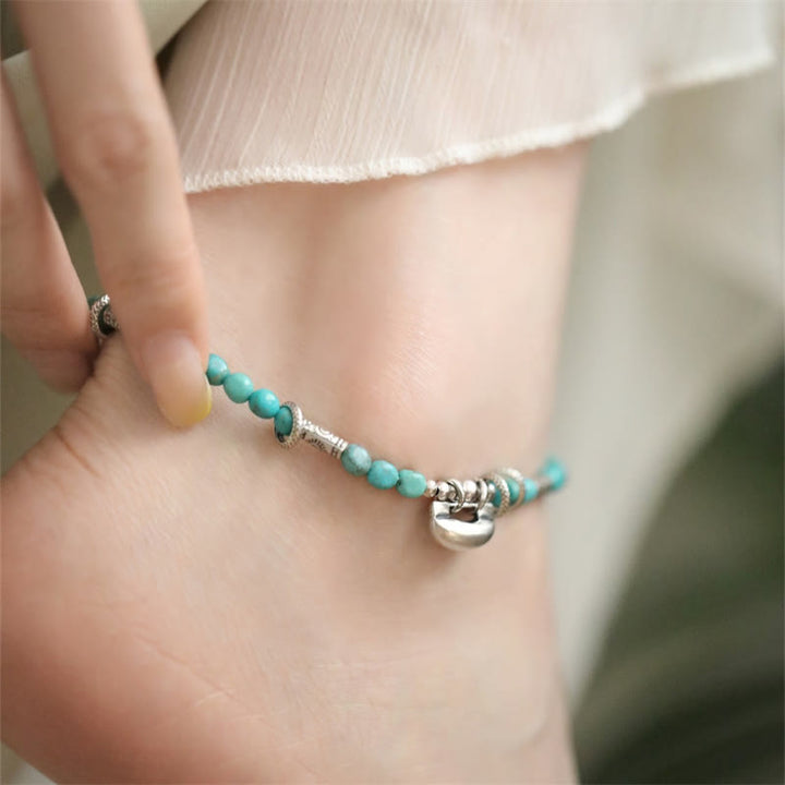 Buddha Stones Bracelet de cheville en argent sterling 925 avec petites perles turquoise et fermoir chinois