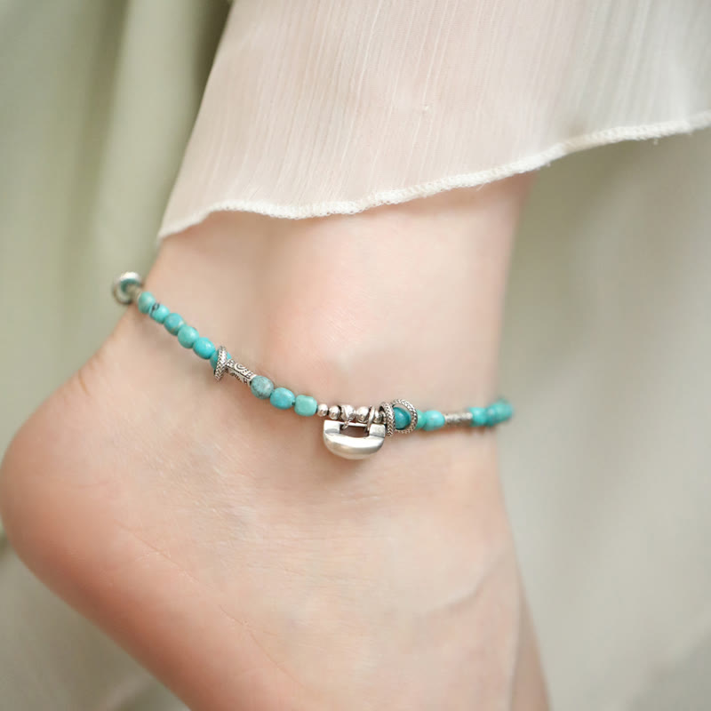 Buddha Stones Bracelet de cheville en argent sterling 925 avec petites perles turquoise et fermoir chinois