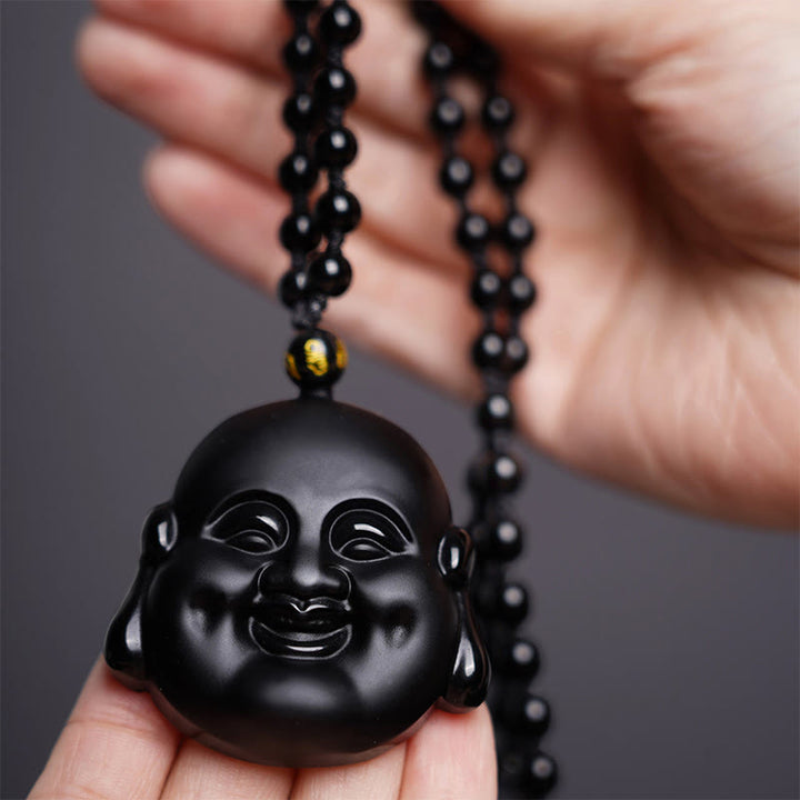 Collier pendentif de purification Buddha Stones rieur en obsidienne noire naturelle